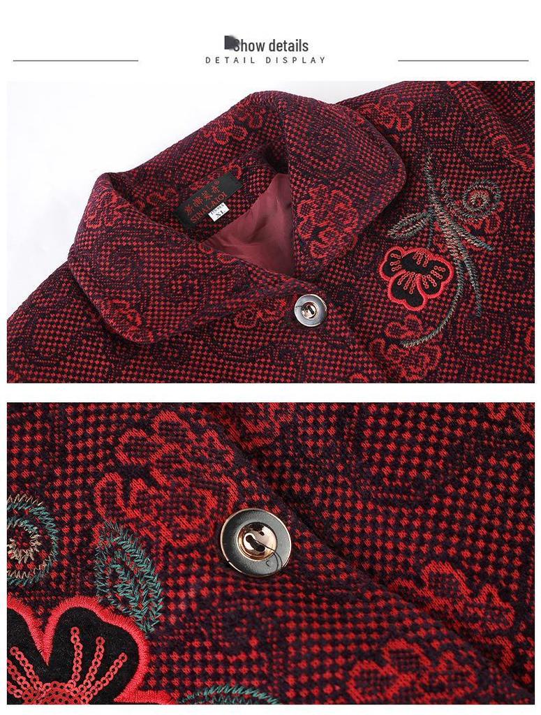 Embroidered Grandma-Style Jacket: Woolen Tang Suit Coat for Middle-Aged Women