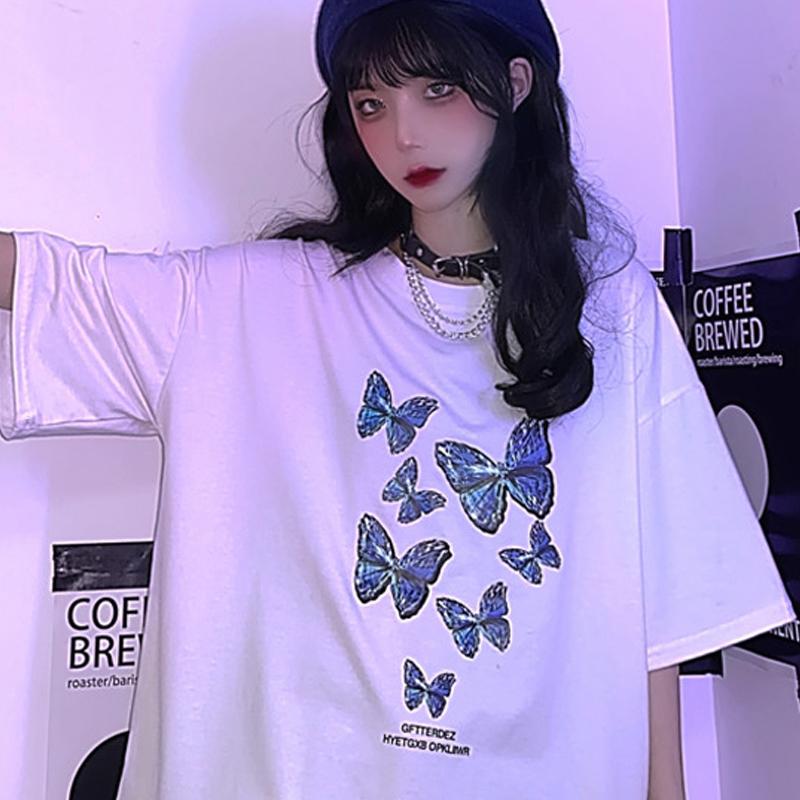 

Women Butterfly Cartoon Print Punk Loose Top Vintage Short Sleeve Ulzzang Dropshipping Wild Clothes TShirt S