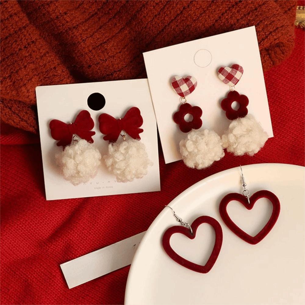 Gifts Wine Temperament Christmas Earrings Red Velvet Ear Clip Heart Stud Earrings Jewelry Gifts