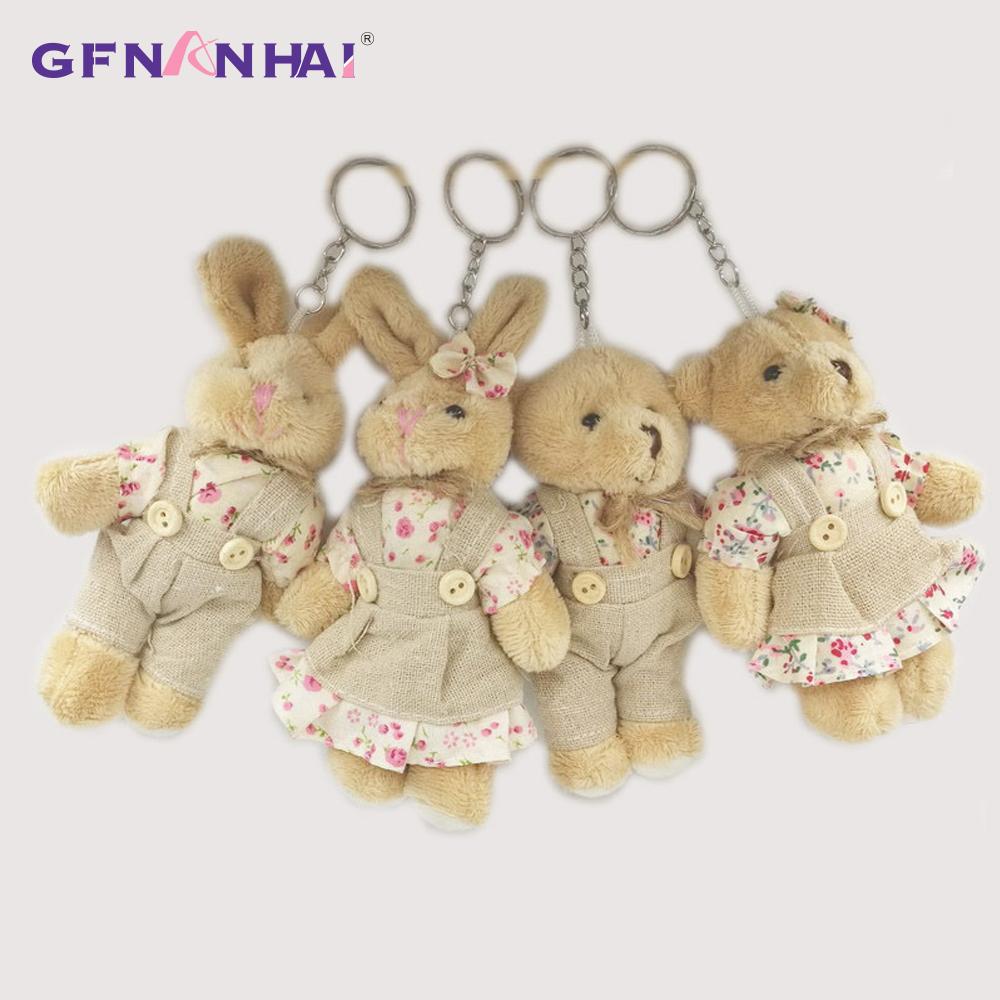 2pcs/lot 11cm Couple Bear Rabbit Plush Toys Stuffed Dolls Floral Cloth Teddy Bear Rabbit Keychain Pendants Gift for Lovers Girls