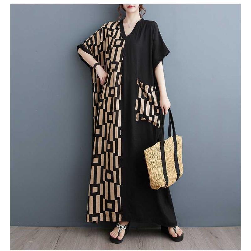 Summer New Printing Thin V-neck Short-sleeved Color Collision Splicing Black Long Dresses