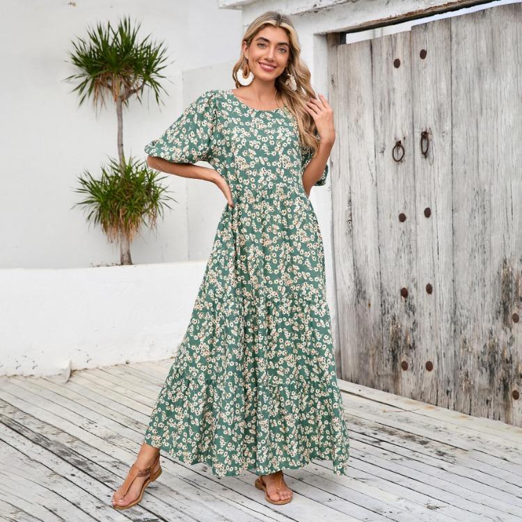 Vestido Casual de Verano para Mujer con Estampado Floral, Cintura Alta, Suelto, Cuello Redondo, Talla Grande, Largo hasta el Tobillo, Manga Larga, Vestido de Primavera