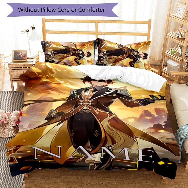 Juego de Ropa de Cama con Nombre Personalizado de Personajes de Genshin Impact de 3 Piezas Funda Nórdica con Cierre Incluye 1 Funda Nórdica y 2 Fundas de Almohada para Todas las Estaciones Decoración de Dormitorio