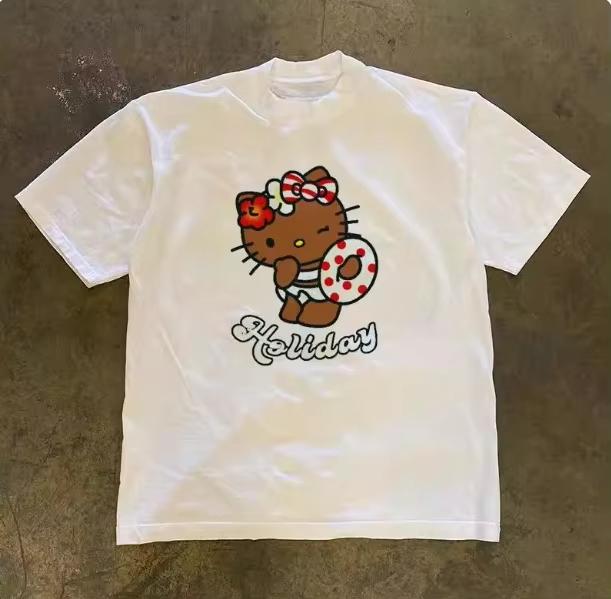 

2026 Sanrio Hello Kitty Spring New Cute Loosefitting Round Neck Shortsleeve Comfortable summer Womens Tshirt loose fit S