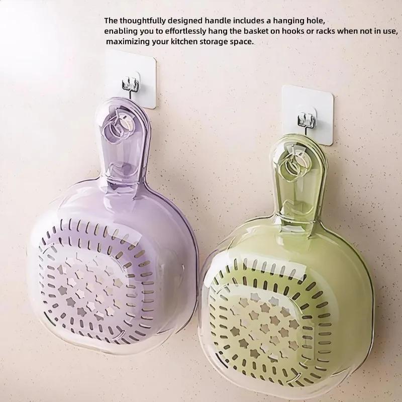 2 In 1 Rotatable Food Draining Basket with Handle Fruit Strainer Colander for Washing Berries Salad Vegetable BPA-free Durable