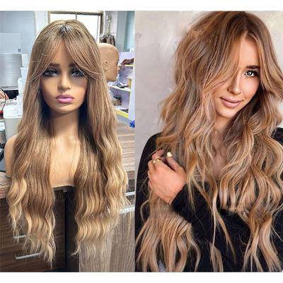Hair High Chemical Fiber Headgear Wigs Elegant Eight-Character Long Curly Bangs Brown Women Wig Temperature Silk