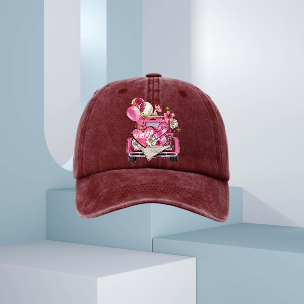 Breast Cancer Survivor Truck Graphic Baseball Cap Pink Ribbon Daisy Print Adjustable Casual Hat