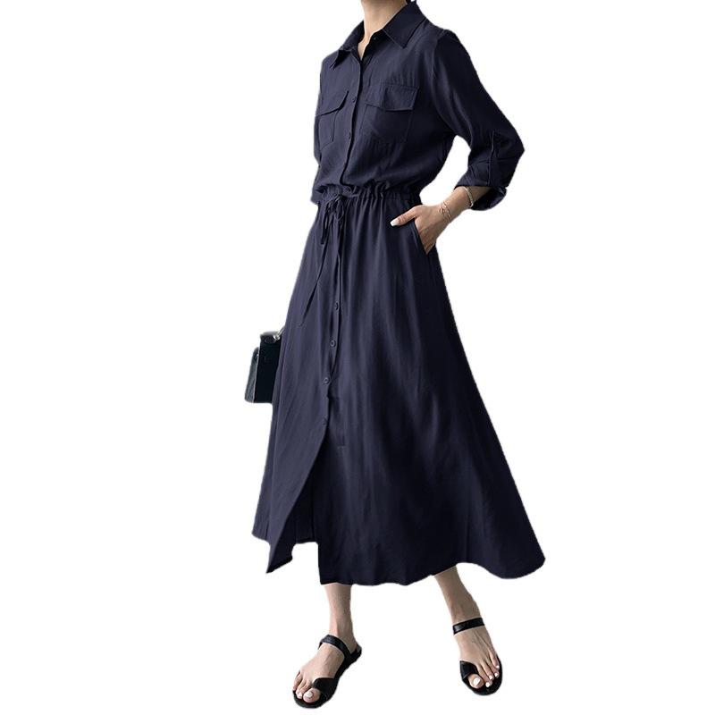 Japanese Style 2026 Autumn Women's Casual Long Sleeve Drawstring Shirt Dress with Pockets
