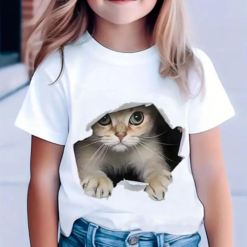A Cute And Fun Black, White, And Pink Short-Sleeve 2D Cat T-Shirt for Girls, Perfect for Outdoor Daily Wear for Children -8 During The Summer