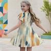 Girls Round Neck Flutter Sleeve A Line Flared Geometric Printed Dress