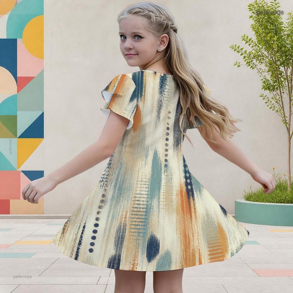 Girls Round Neck Flutter Sleeve A Line Flared Geometric Printed Dress