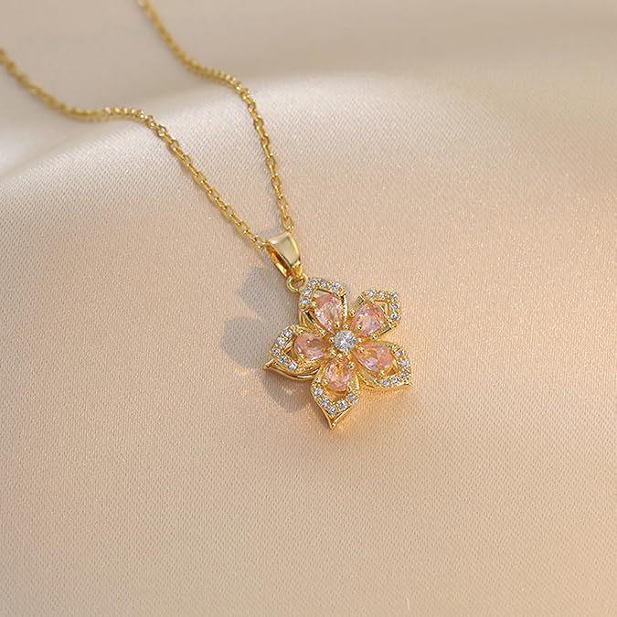 Elegant Zircon-Studded Rotatable Flower Pendant Necklace with Copper Inlay