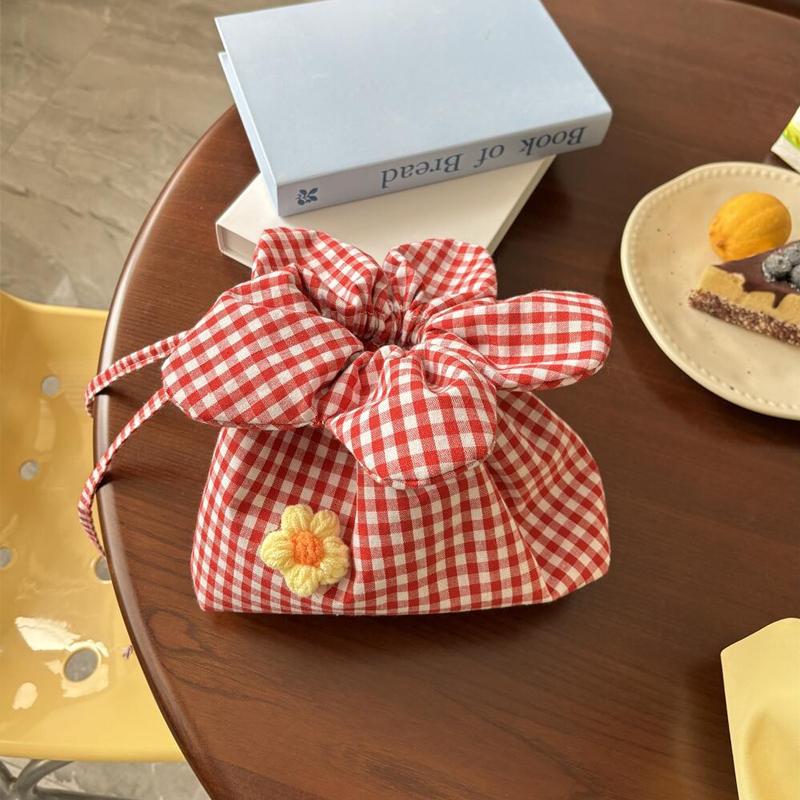 Korean Style Plaid Drawstring Crossbody Bag Large Capacity Canvas Floral Handbag Lightweight for Women Daily Travel Storage Bag