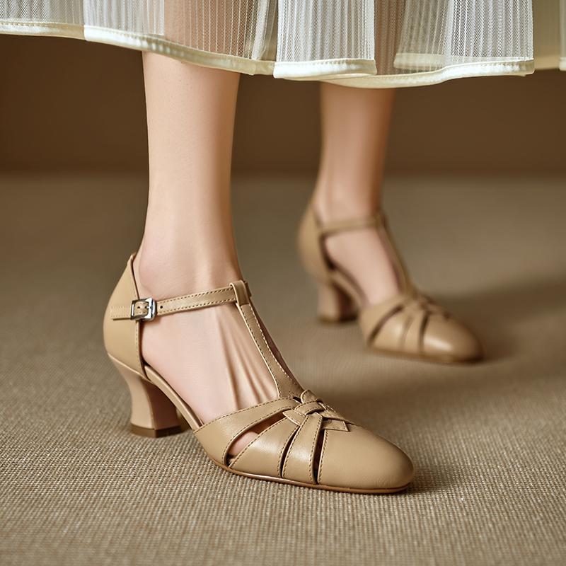 Fashion 2025 New Summer Genuine Leather Women Shoes Square Toe Shallow Women Pumps Mary Jane Shoes for Women Chunky Heel Casual Shoes