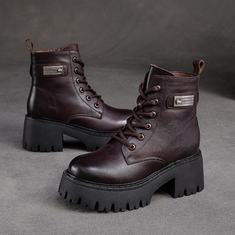 Fashion GKTINOO Natural Cow Leather Women Shoes Plush Warm Winter Square Med Heel Ankle Boots Lace Up Zipper Ladies Pumps Size 35-40