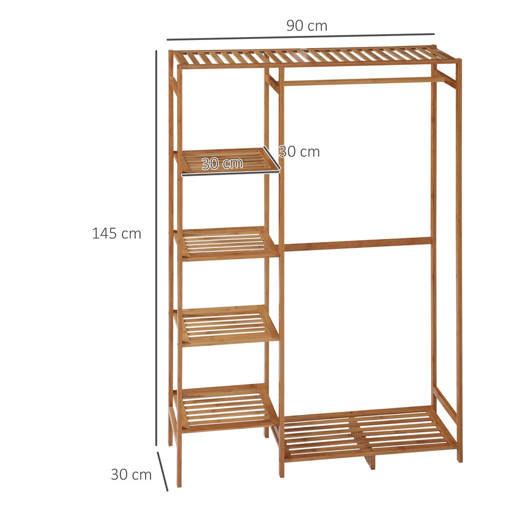 Bamboo Coat Rack with 6-Tier Shelving and Hanger Bar, 90x30x145cm, Natural Wood