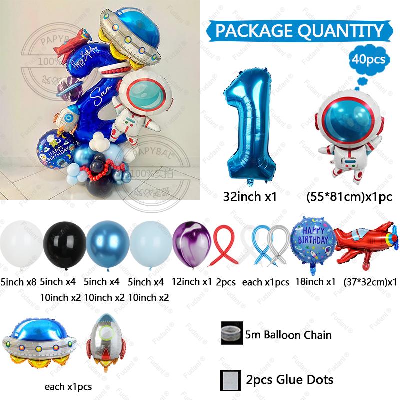 Astronaut Rocket Balloon Blue Space Theme 32inch Number Balloon Set Birthday Party Decoration Children's Baptismal Balloon Gifts