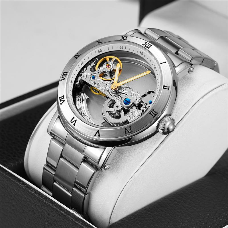 Forsining New Fashion Transparent Skeleton Mechanical Watch Men Leather Waterproof Luminous Hands Steampunk Automatic Watches