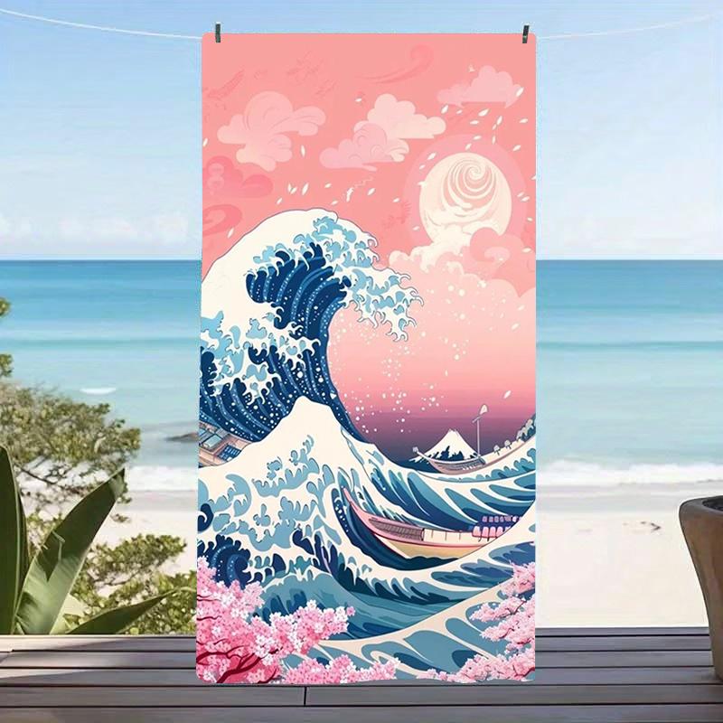 Vintage Ukiyo-e Ocean Wave Microfiber Beach Towel Pastel Pink Sky Bath Towel Aesthetic Kanagawa Swim Blanket For Vacation