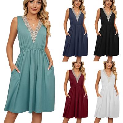 Women Summer Dress V Neck Lace Patchwork Sleeveless Pockets Party Dresses for Ladies Casual Solid Beach Midi Dress