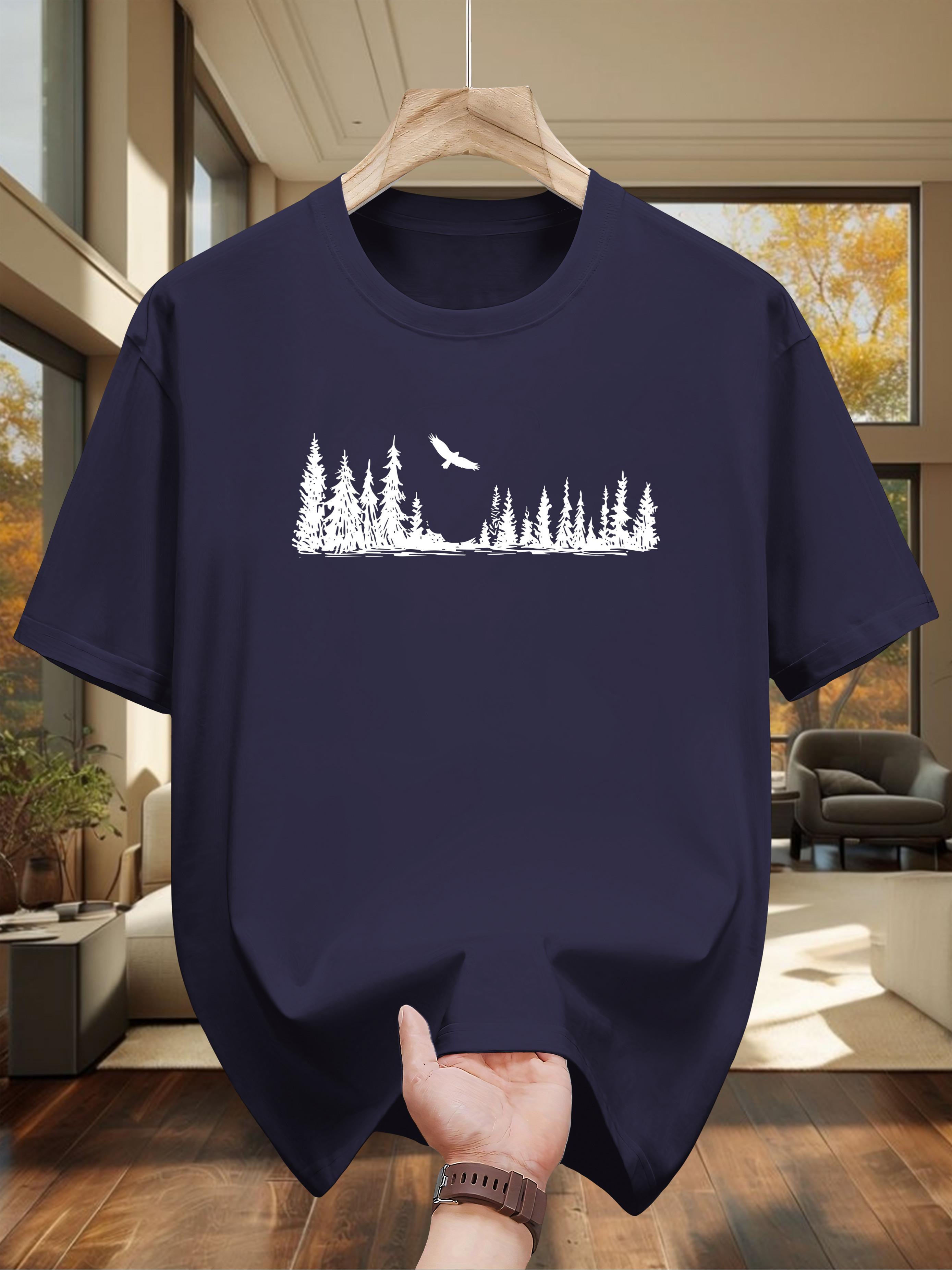 100% Cotton T-shirt | Casual Round Neck | Geometric Forest & Bird Design | Breathable M