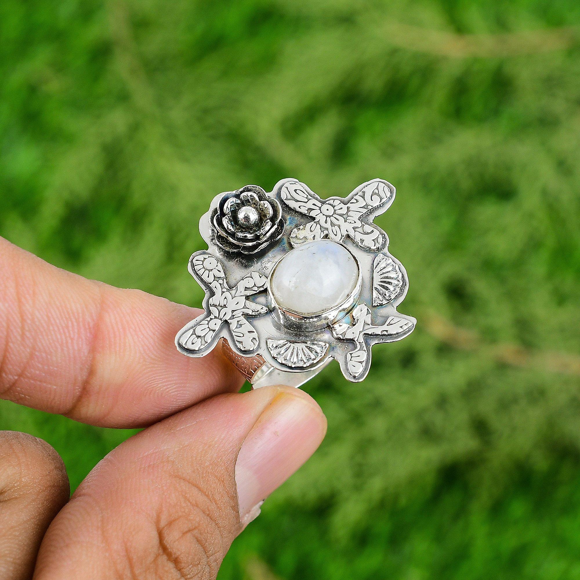 

925 Sterling Silver Rainbow Moonstone Gemstone New Solitaire Flower Ring Jewelry Adjustable