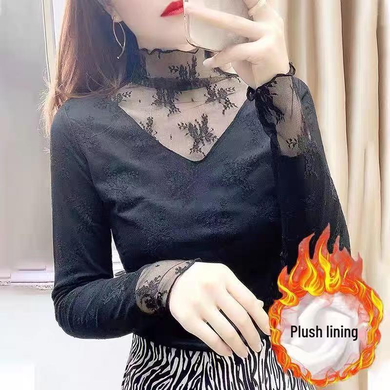 Stylish White Mesh Fleece-Lined High-Neck Lace Shirt for Autumn & Winter, Perfect Under Sweaters.