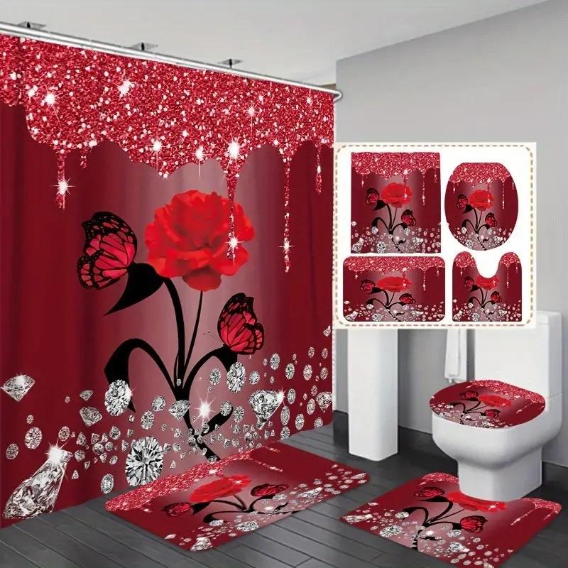 Romantic Rose Artistic Conception Series Digital Printing Shower Curtain Set Floor Mat Toilet Seat Four-Piece Set