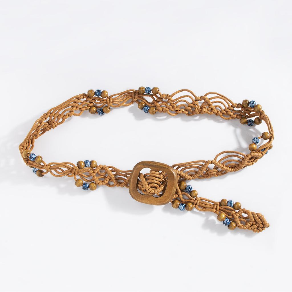 Bohemian Wax Rope Woven Ethnic Style Handcrafted Wooden Bead Women's Waist Belt, Casual Vacation Style Exquisite Square Wood Buckle Waist Rope