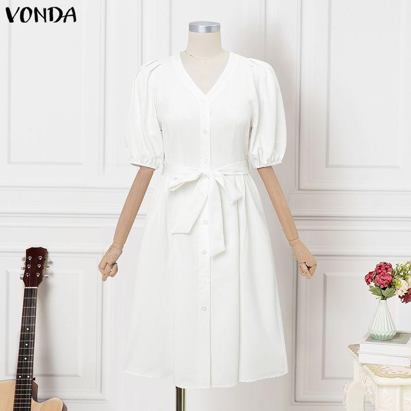 VONDA Women Casual V Collar Loose Half Sleeve Bow Knot Slim Waist Pleated Dress