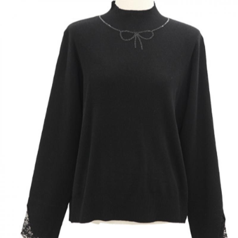 Shiz Madam Half Polo Knit With Ribbon Cubic Neck And Lace Sleeves T57446