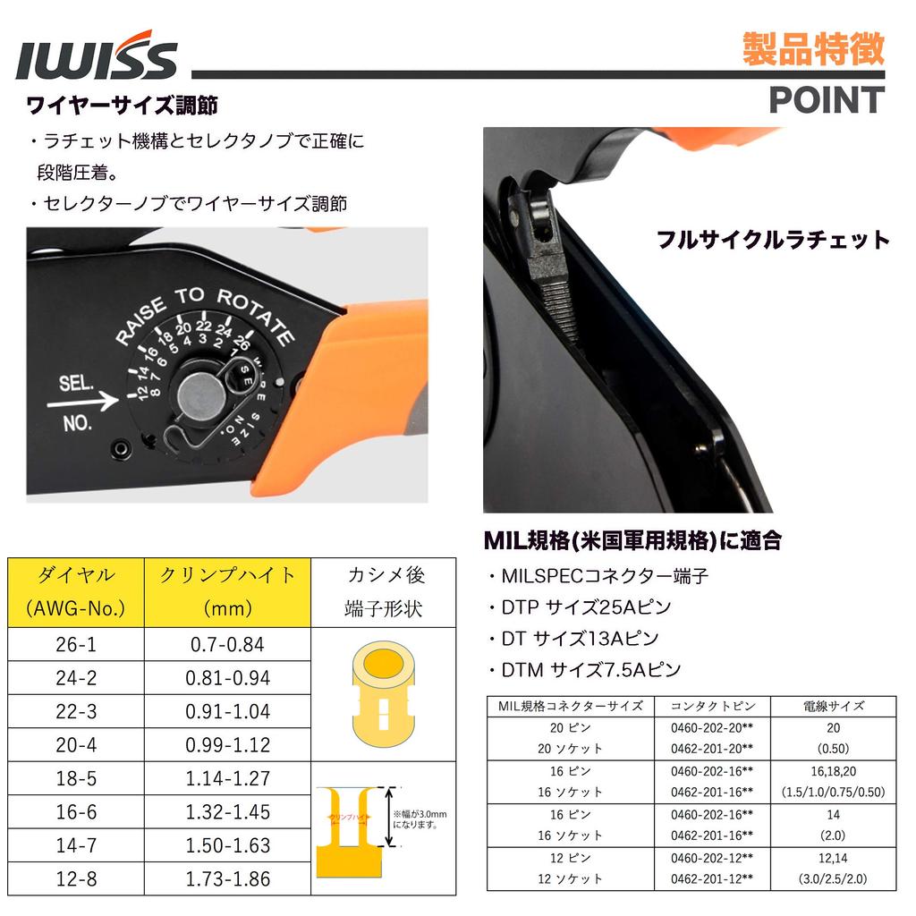 IWISS Crimping Tool for Socket Contacts and Contact for DEUTSCH and DTP To Sq 4-Indent Pins, MIL-Spec, DT, DTM, Connectors, 0.12 3.5 Mm, M22520/1-01