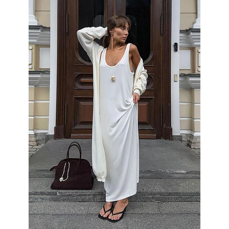 European and American Ladies Dress Simple Women's Clothing Street Casual T-shirt Long Dress Inner Home Wear U-Collar
