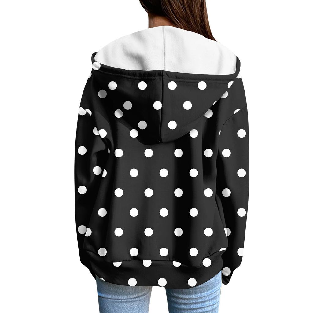 Sudadera con capucha para mujer, informal, de manga larga, con cremallera, estampado de lunares y rayas, ligera, para uso interior y exterior