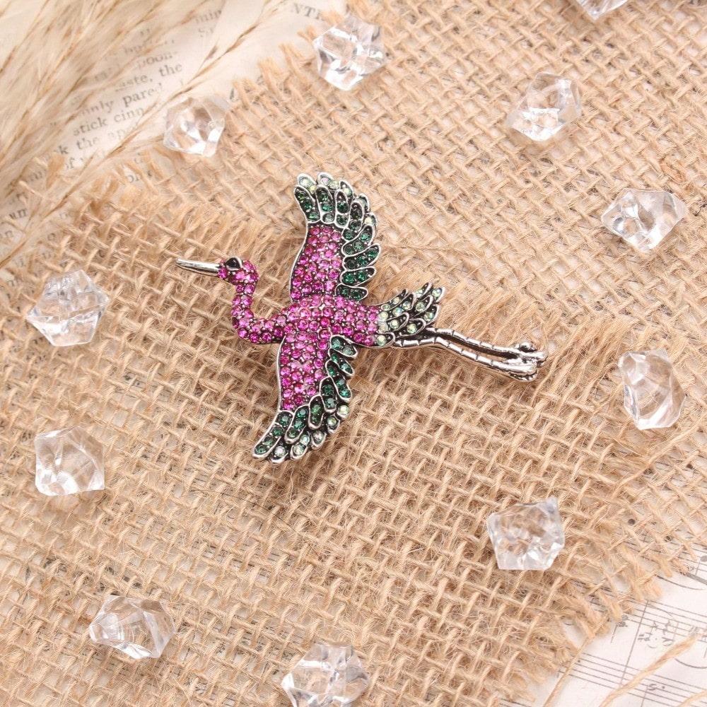 

Rainbow Crane Crystal Brooch, Silver-Toned Intricate Multi-Color Rhinestone Design, Fashion Accessory for Outfits Styling Gift рожевий