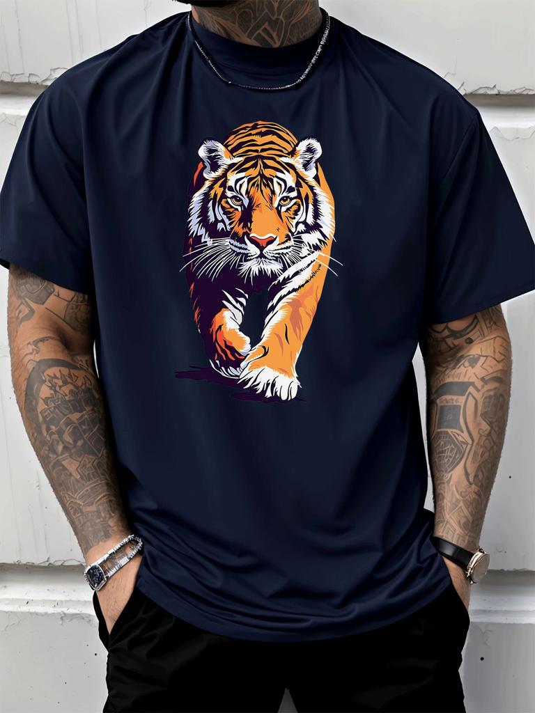 Walking Bold Tiger Modern Art Animal Graphic Unisexs Cotton Crew Neck Tee Short Sleeve Loose Casual Daily Street Male Wear Top