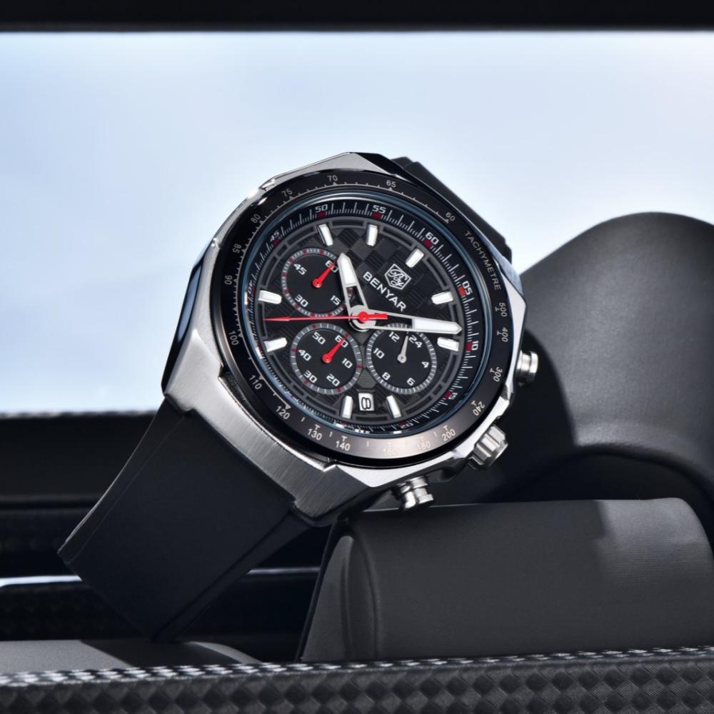 BENYAR Men's Sports Military Quartz Watch Silicone Strap Fashion Business Chronograph Waterproof Wristwatch Relogio Masculino