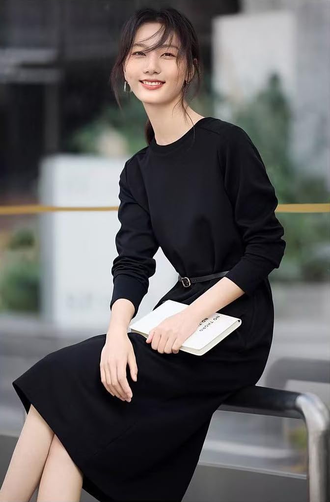Chubikime Long Sleeve Sweatshirt Crew Midi Solid Simple and Pullover Style with Hem Stylish and Perfect for and Casual Work Women's Dress, Neck,