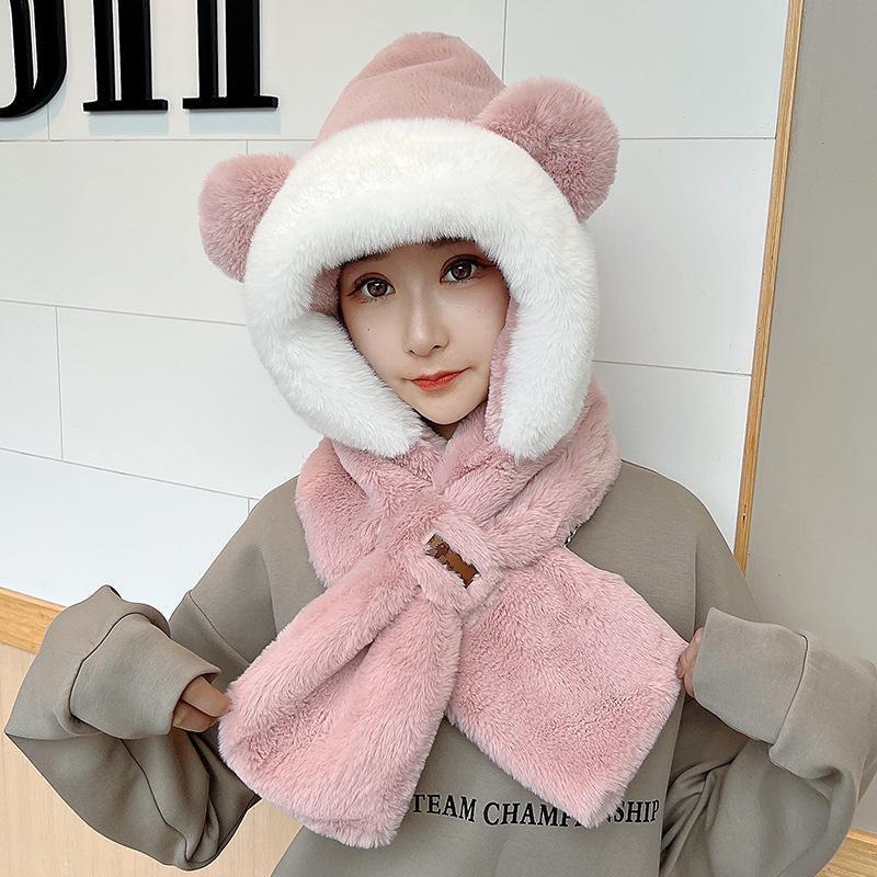 2023 Winter Cute Bear Ear Warm Hat Plush Scarf Hat Outdoor Windproof Cycling Hat Women Beanies Caps