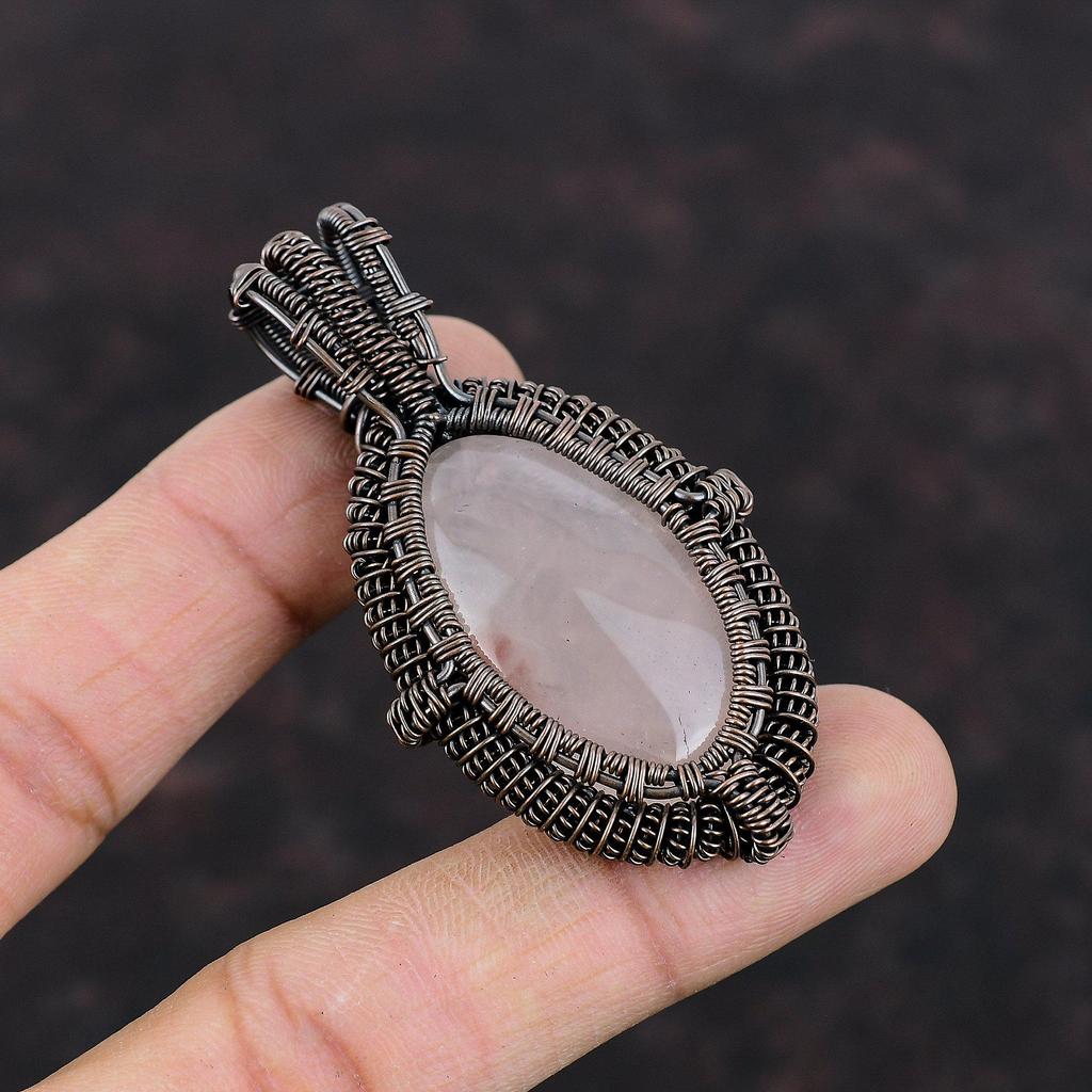 Rose Quartz Pendant Copper Wire Wrapped Pendant Copper Jewelry Handmade Pendant Wire Wrapped Jewelry Original Gemstone Pendant Gift For Her