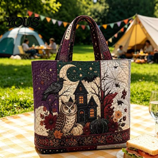 Katzenmotiv Wiederverwendbare Einkaufstasche Halloween Gesteppte Tragetasche, Kürbis Geist Aufdruck Schulter Leichte Pendler Tasche Polyester Handtasche für Freizeit