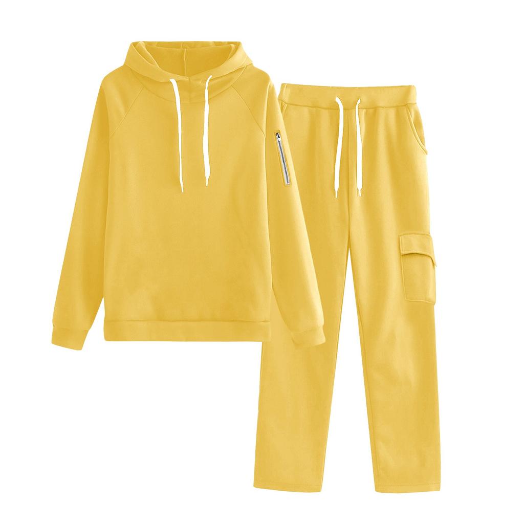 Women's Fashionable Loose Zipper Pocket With Shoulder Sleeves Hoodie And Pants Two-Piece Set