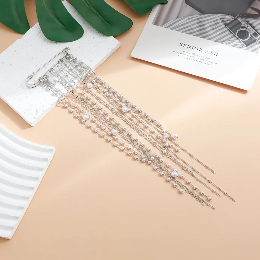 Multi-Layer Pearl Tassel Brooch Necklace for Women Luxury Delicate Pin Pendant Necklace Sexy Versatile Clothing Accessories Gift