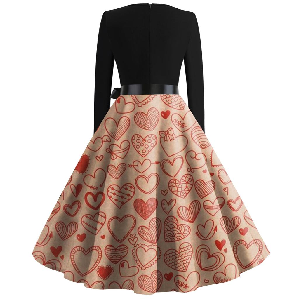 Love Print Flared Dress Women's Long Sleeve Dress Party Casual Dress Valentine's Day