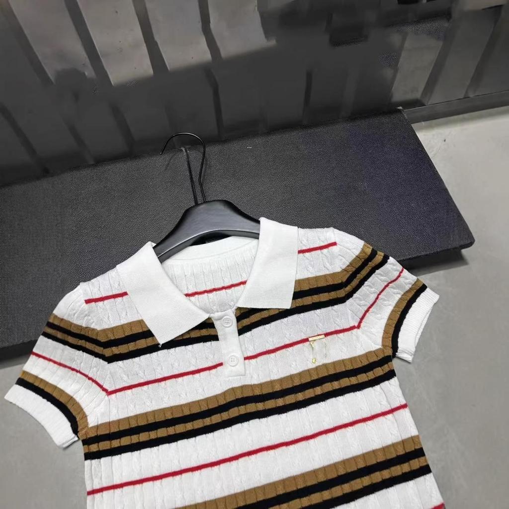 European Striped Knit Lapel Top - Spring Collection, Short Sleeve, Casual and Versatile.