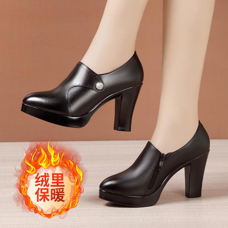 Size 32-43 Women's High Heels Shoes Genuine Leather Platform Black Work Shoes Woman Pointed Thick Heel Deep Mouth Casual Pump