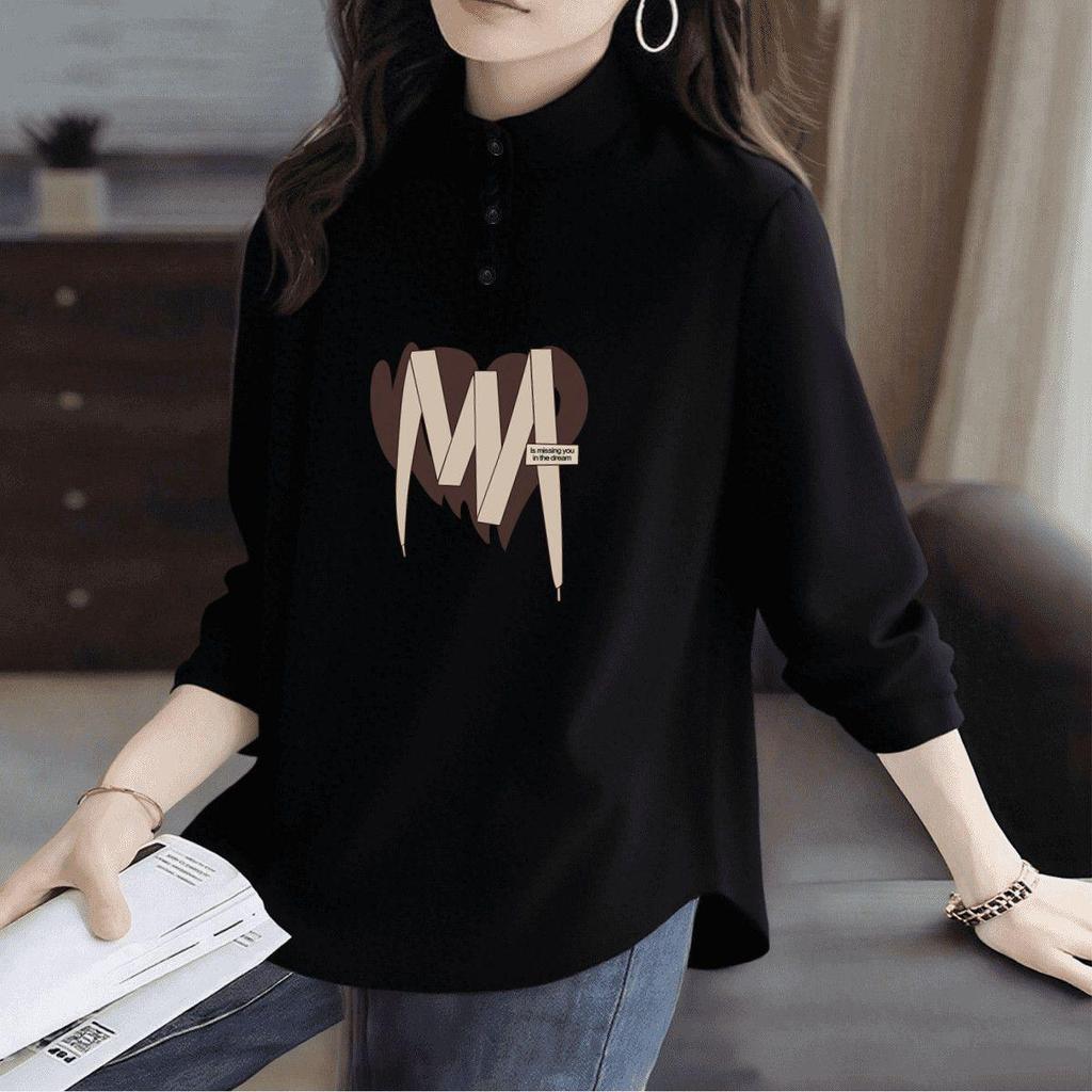 Women's Plus Size Long-Sleeve T-Shirt with Stand Collar and Lapels - De Rong Base Layer, Autumn/Winter Style for a Slimming Look