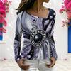 Women Plus Size V Neck Long Sleeve Printed T Shirt Purple Black Gray Gem Pattern Straight Hem Top