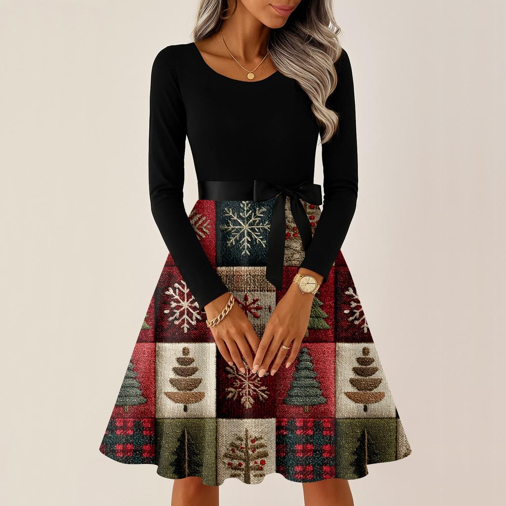 Dámské ležérní módní šaty s kulatým výstřihem a dlouhým rukávem, s vánočním potiskem, na párty, vintage dlouhé šaty