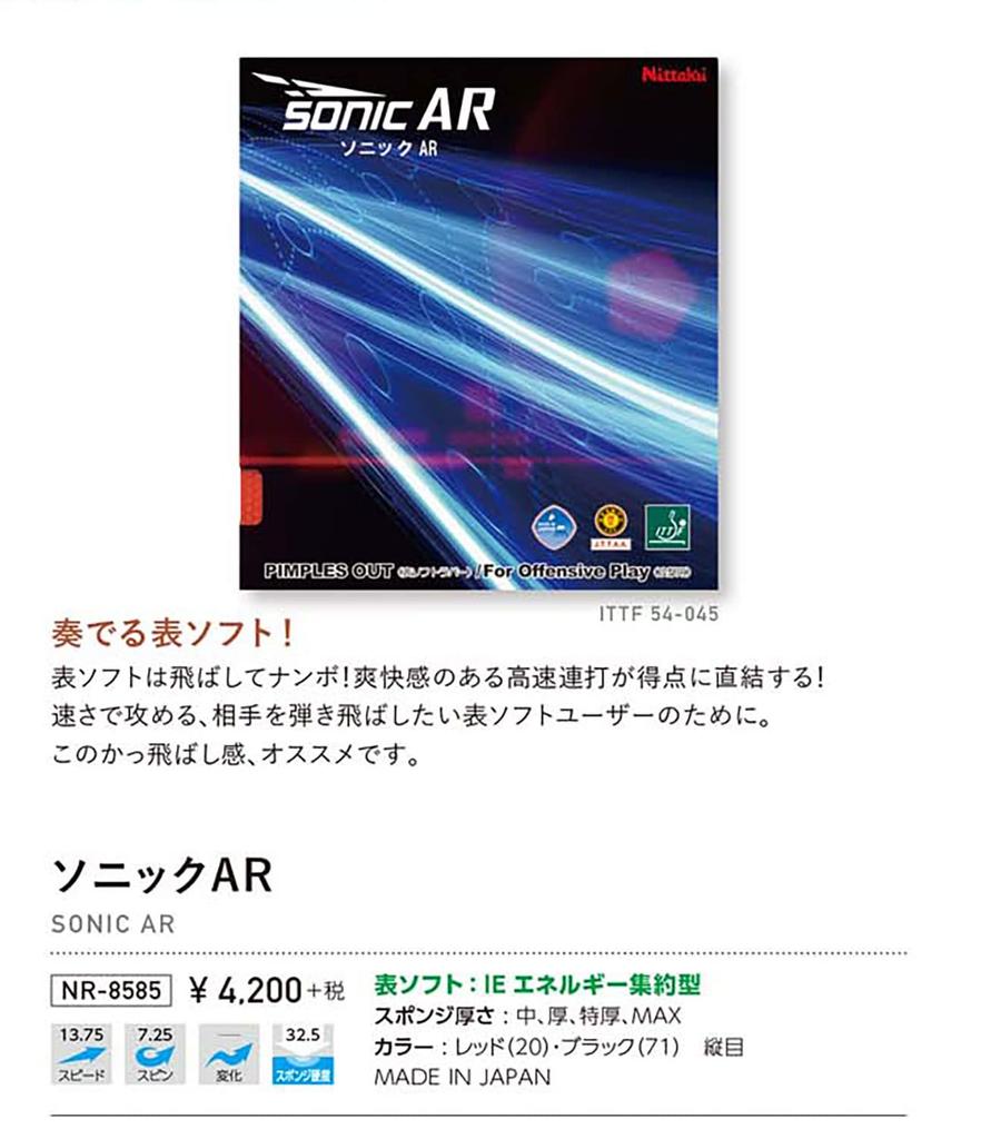 Nittaku Table Tennis Rubber Sonic AR Table Soft Energy Intensive Red Medium NR8585 (Speed)